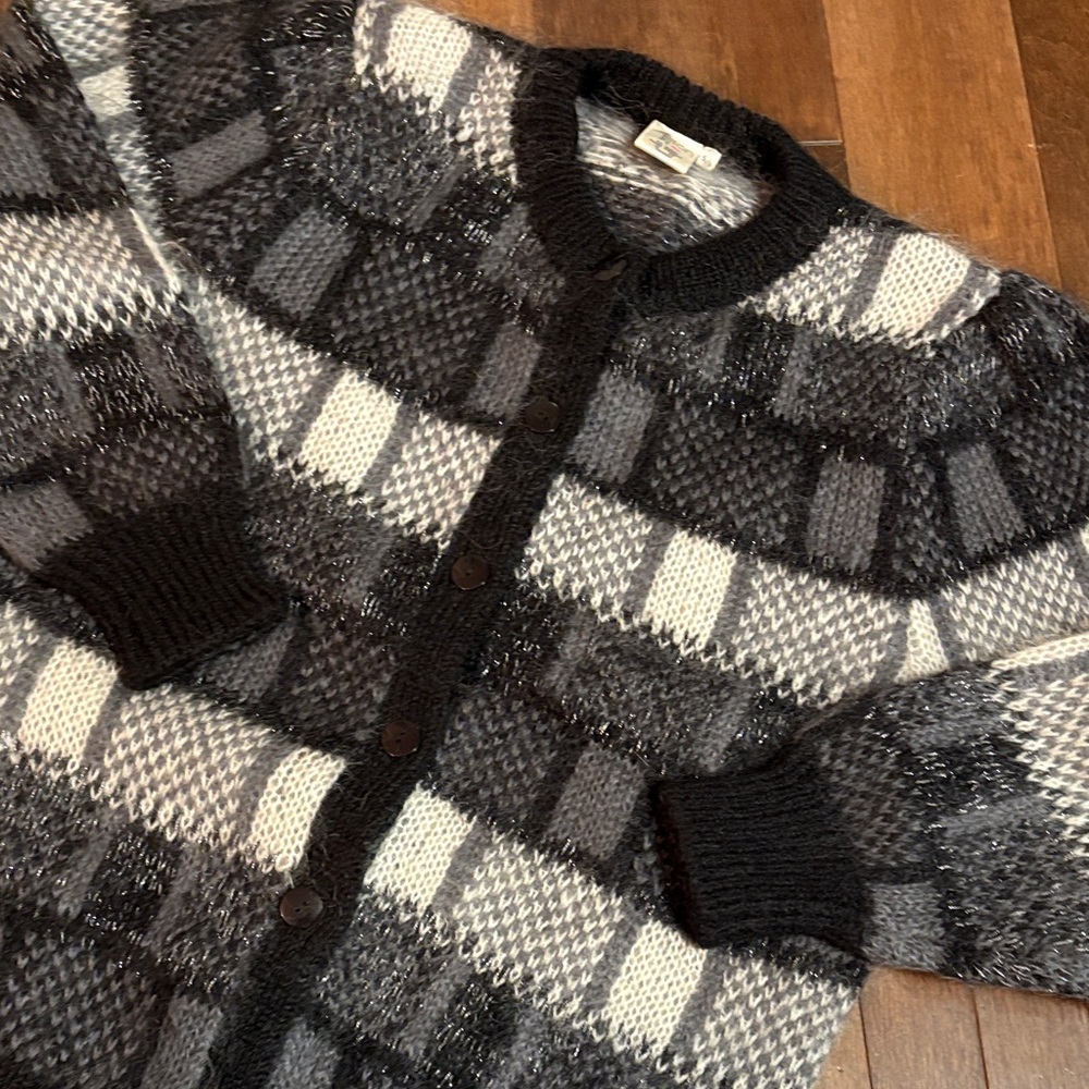 Vintage Chic Mohair Blend Black and Gray Colorblock Women's Button Up Cardigan